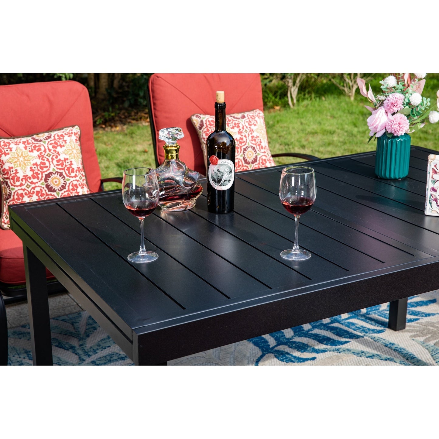 Set da pranzo per patio esterno 7/9 pezzi, 6/8 sedie con movimento a molla e cuscino, 1 sedia rettangolare