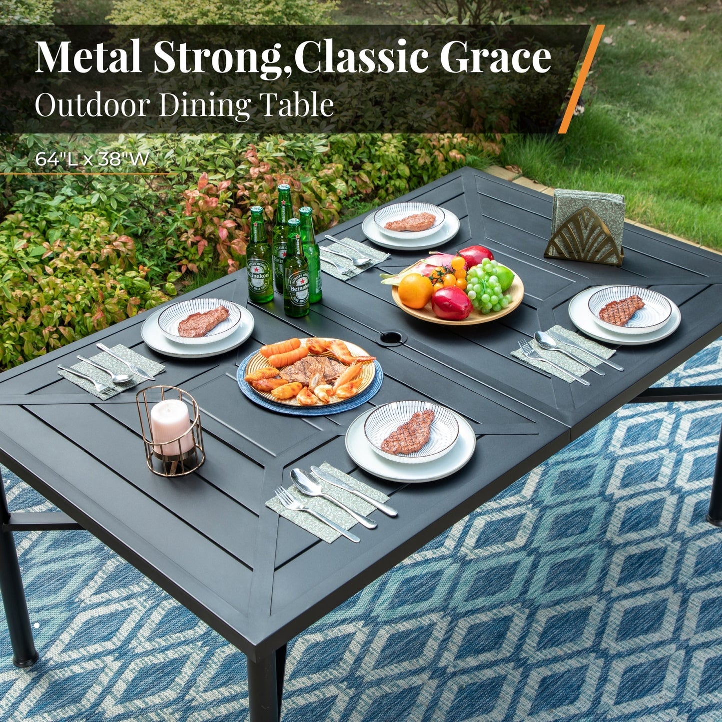 Set da pranzo per patio esterno 7/9 pezzi, 6/8 sedie con movimento a molla e cuscino, 1 sedia rettangolare