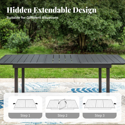 Set da pranzo per patio 7/9, tavolo da pranzo rettangolare espandibile per esterni con sedie in rattan