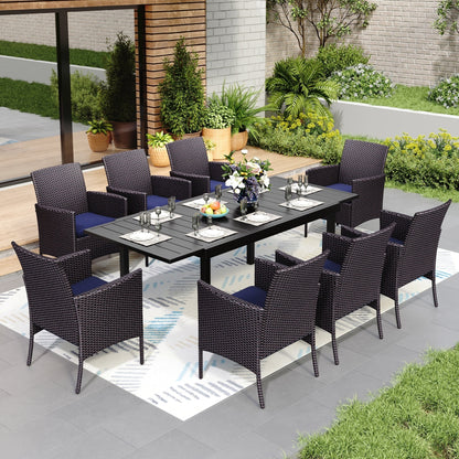 Set da pranzo per patio 7/9, tavolo da pranzo rettangolare espandibile per esterni con sedie in rattan