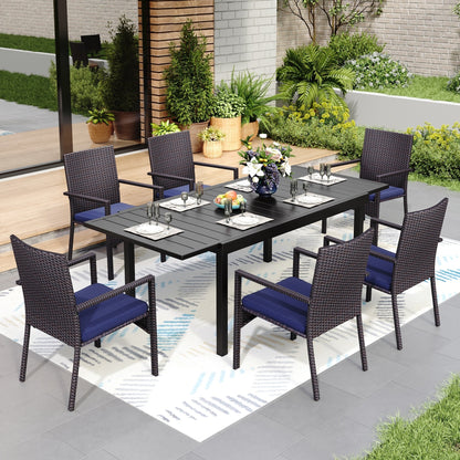 Set da pranzo per patio 7/9, tavolo da pranzo rettangolare espandibile per esterni con sedie in rattan