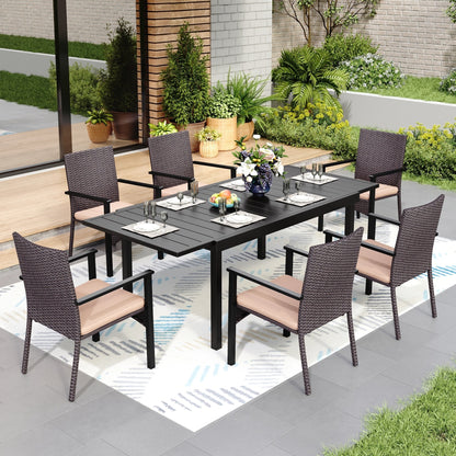 Set da pranzo per patio 7/9, tavolo da pranzo rettangolare espandibile per esterni con sedie in rattan