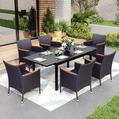 Set da pranzo per patio 7/9, tavolo da pranzo rettangolare espandibile per esterni con sedie in rattan