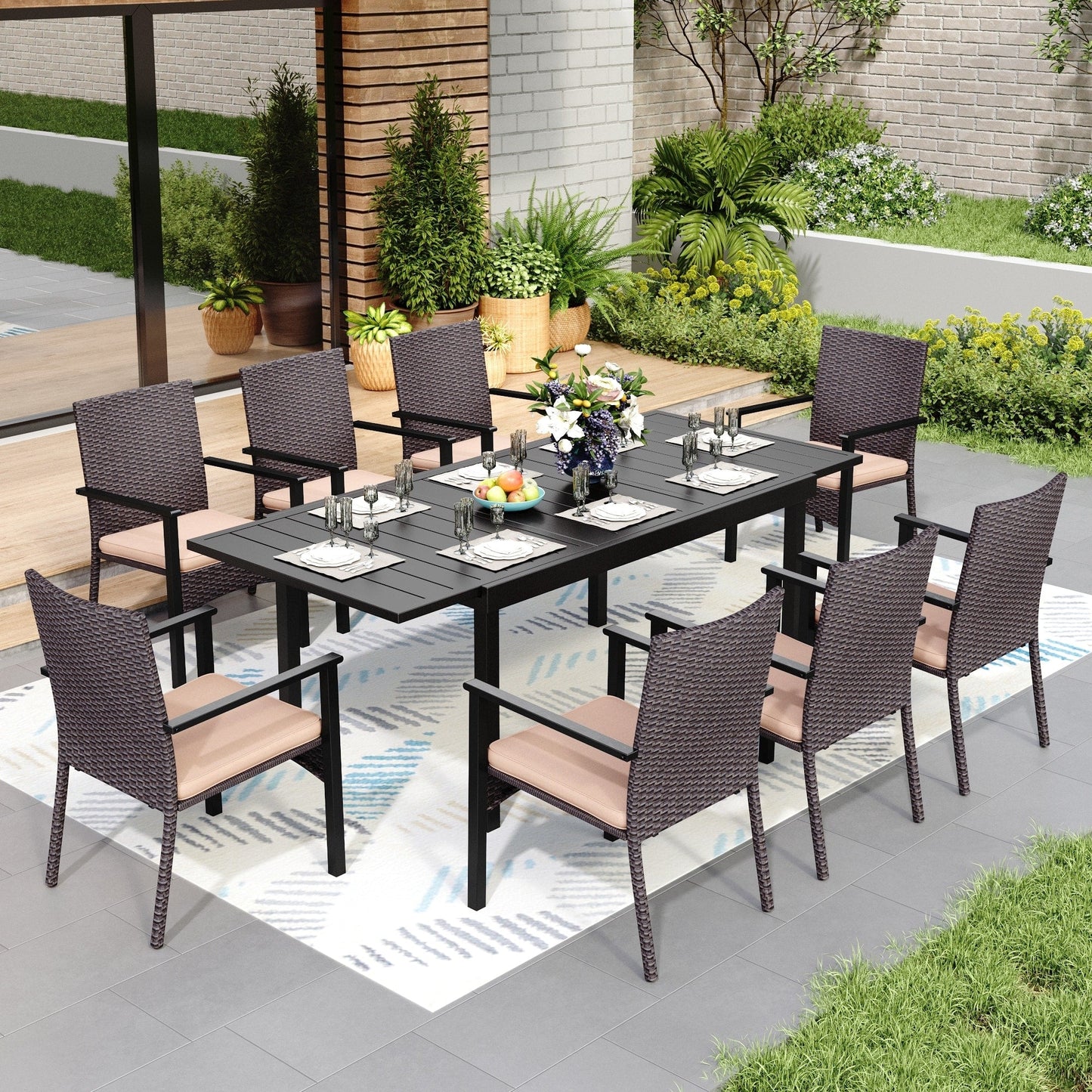 Set da pranzo per patio 7/9, tavolo da pranzo rettangolare espandibile per esterni con sedie in rattan