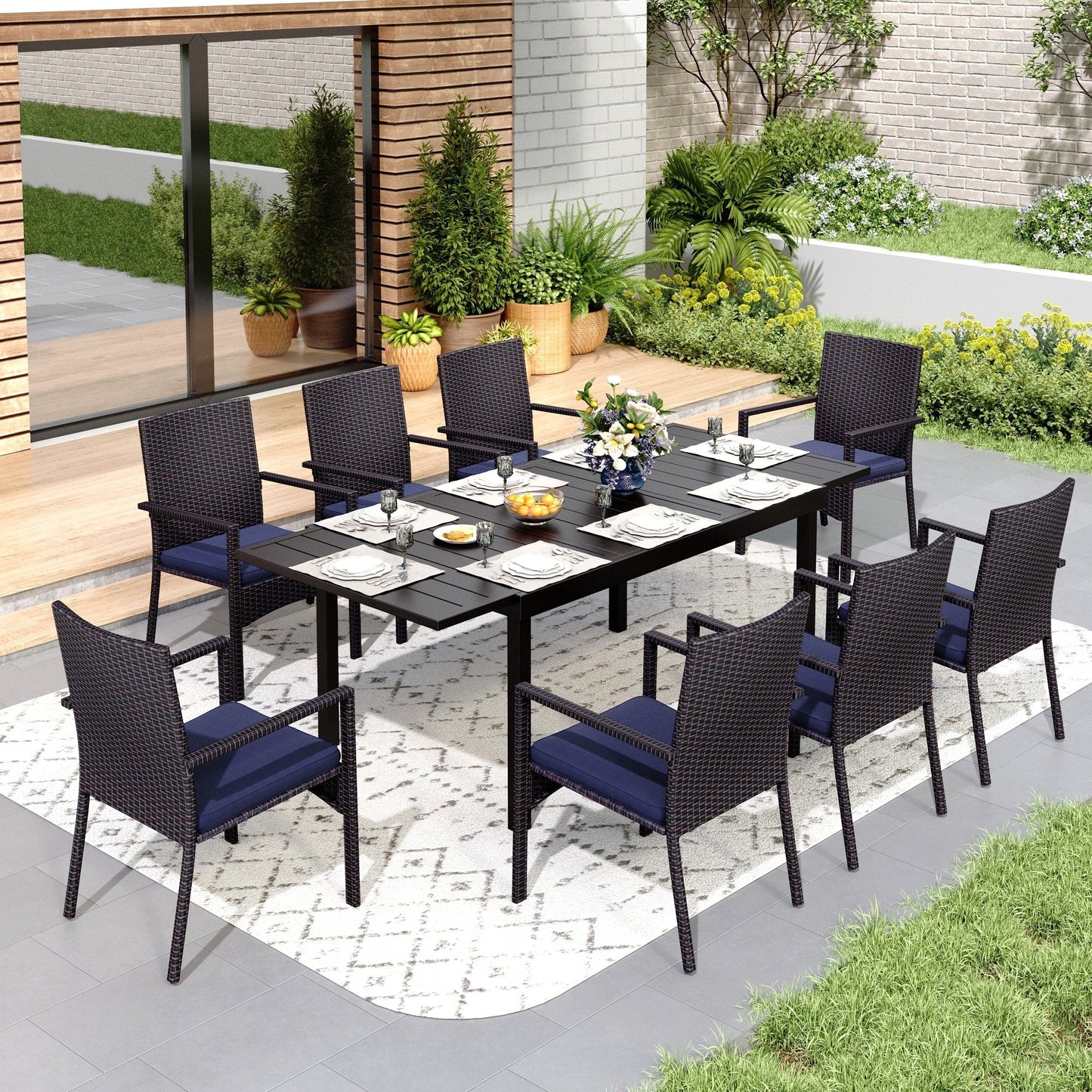 Set da pranzo per patio 7/9, tavolo da pranzo rettangolare espandibile per esterni con sedie in rattan
