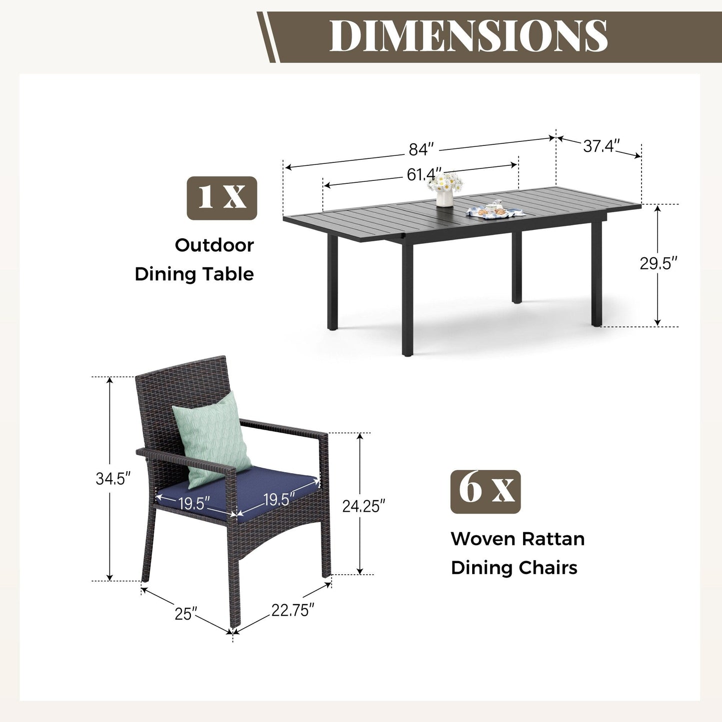 Set da pranzo per patio 7/9, tavolo da pranzo rettangolare espandibile per esterni con sedie in rattan