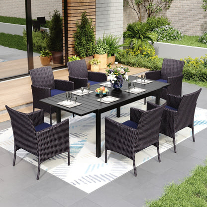 Set da pranzo per patio 7/9, tavolo da pranzo rettangolare espandibile per esterni con sedie in rattan