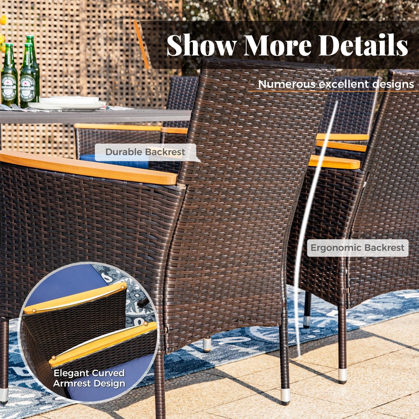 Set da pranzo per patio 7/9, tavolo da pranzo rettangolare espandibile per esterni con sedie in rattan