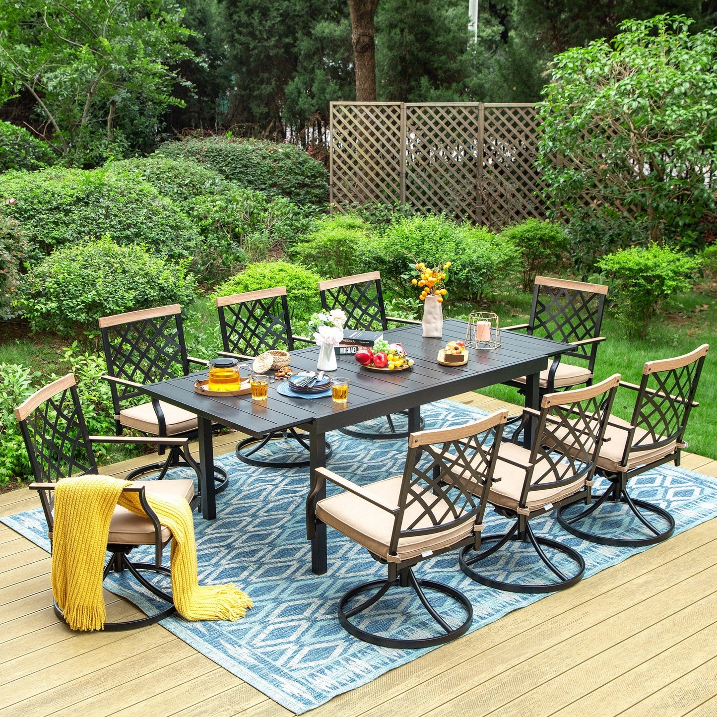 MAISON ARTS Set da pranzo per esterni da 7/9 pezzi, 6/8 sedie da pranzo girevoli in metallo, 1 tavolo rettangolare espandibile
