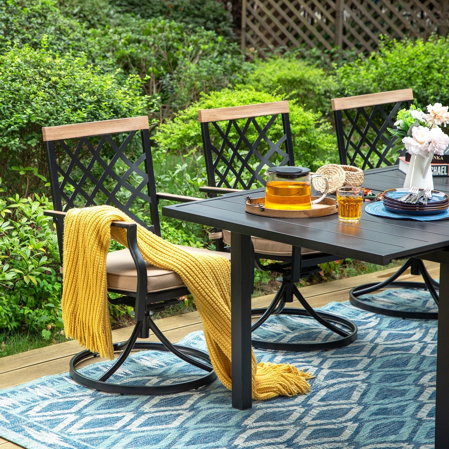 MAISON ARTS Set da pranzo per esterni da 7/9 pezzi, 6/8 sedie da pranzo girevoli in metallo, 1 tavolo rettangolare espandibile