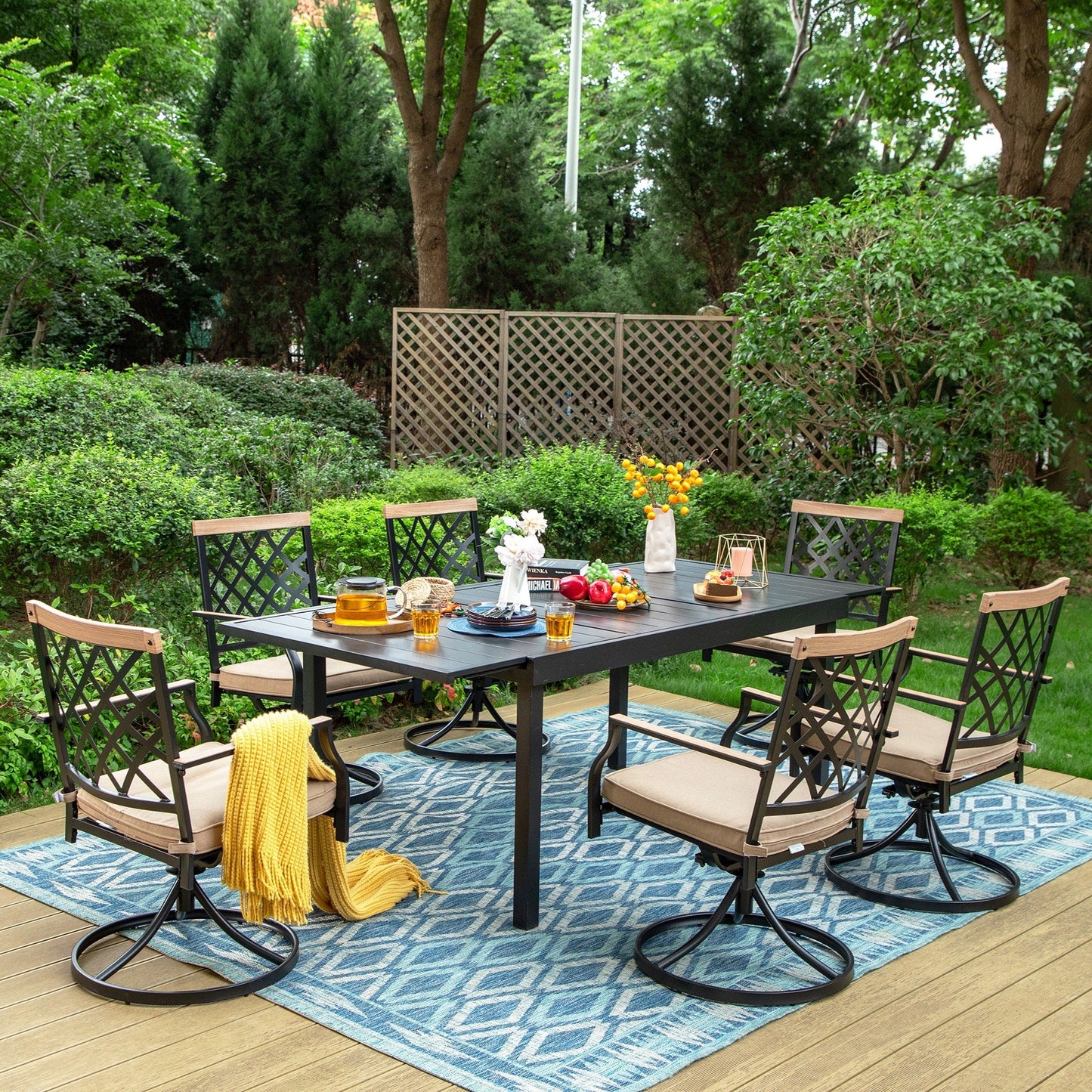 MAISON ARTS Set da pranzo per esterni da 7/9 pezzi, 6/8 sedie da pranzo girevoli in metallo, 1 tavolo rettangolare espandibile