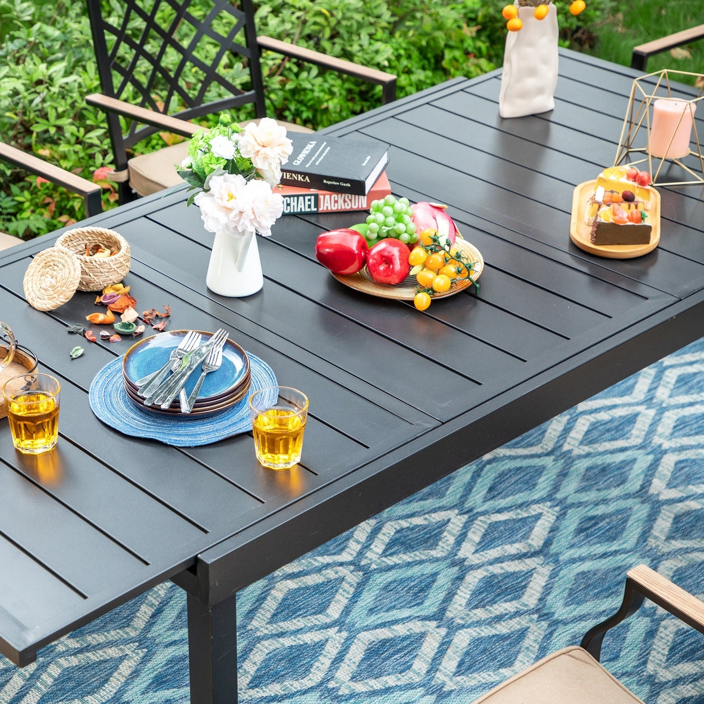 MAISON ARTS Set da pranzo per esterni da 7/9 pezzi, 6/8 sedie da pranzo girevoli in metallo, 1 tavolo rettangolare espandibile