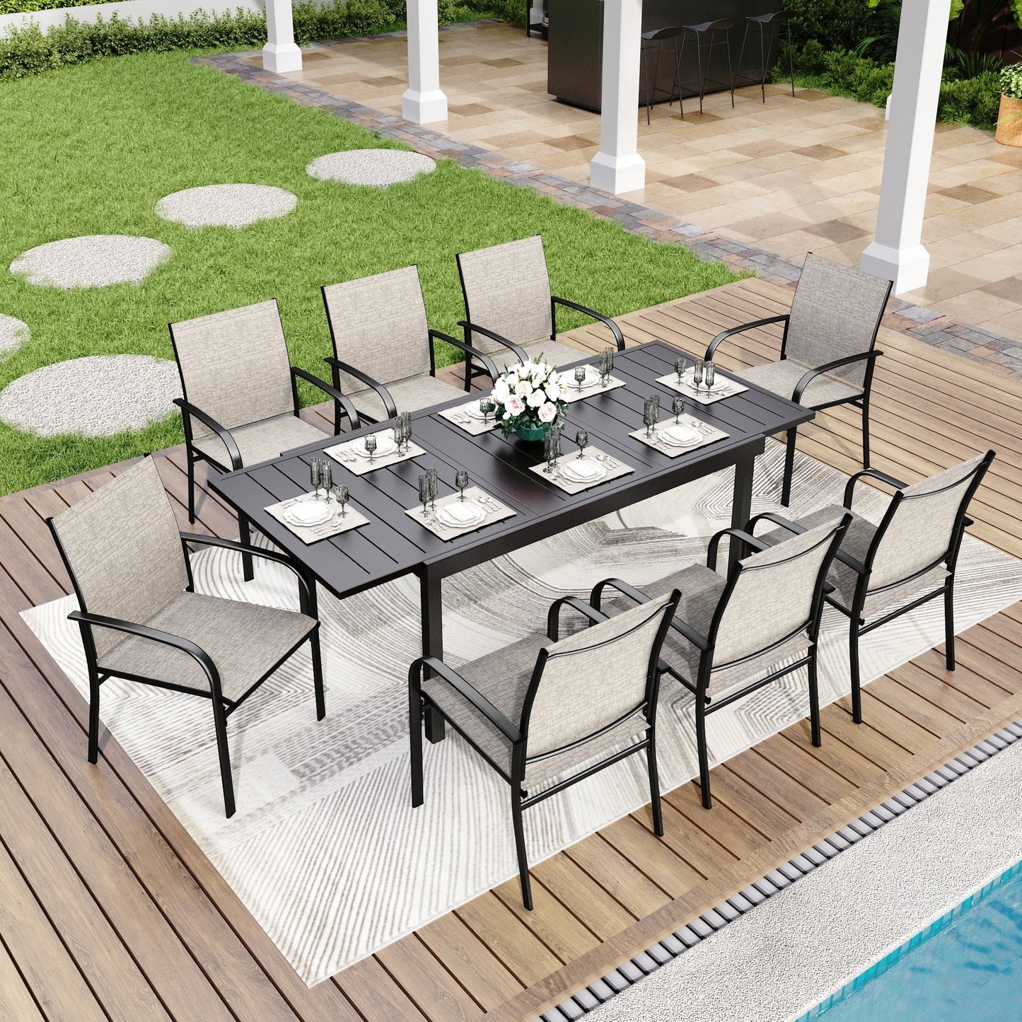MAISON ARTS Set da pranzo per patio da 7/9 pezzi con tavolo rettangolare in metallo estensibile e 6/8 sedie da pranzo in textilene