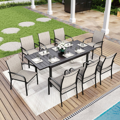 MAISON ARTS Set da pranzo per patio da 7/9 pezzi con tavolo rettangolare in metallo estensibile e 6/8 sedie da pranzo in textilene