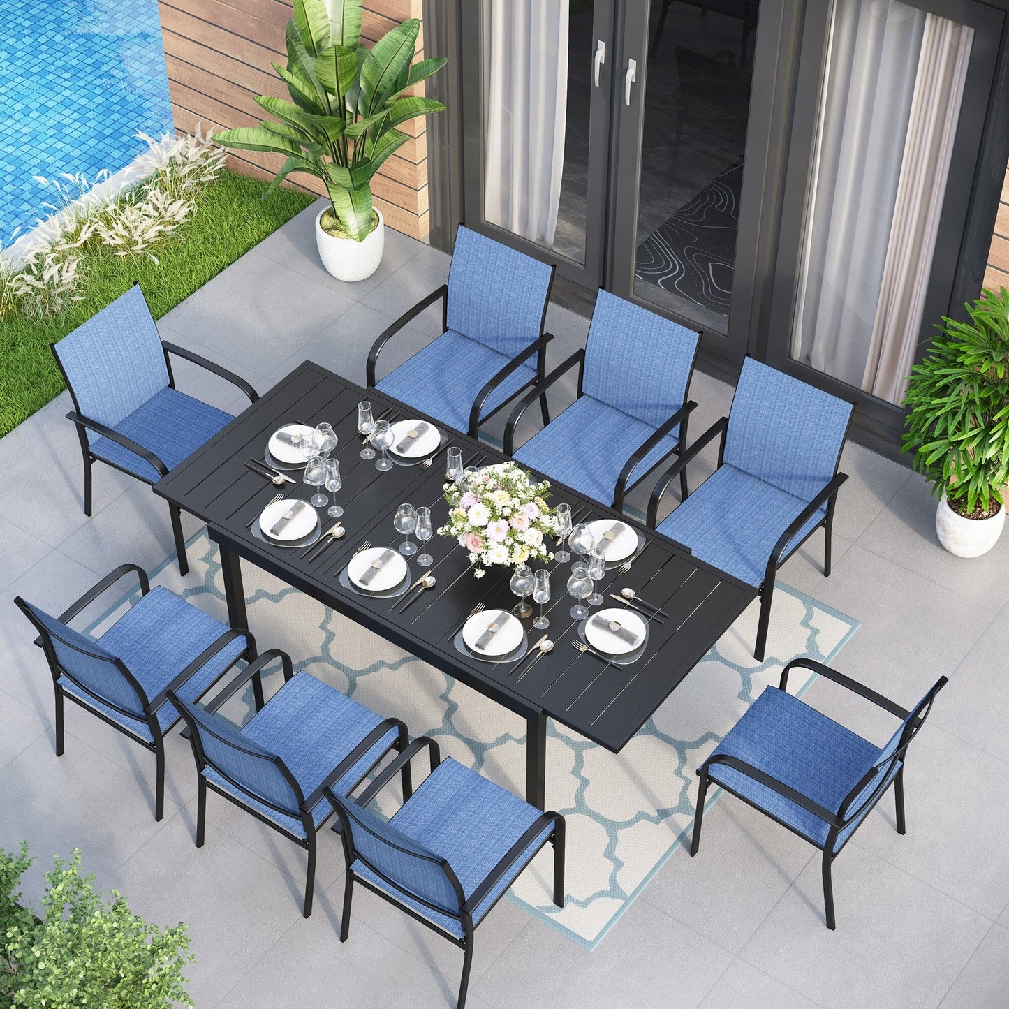 MAISON ARTS Set da pranzo per patio da 7/9 pezzi con tavolo rettangolare in metallo estensibile e 6/8 sedie da pranzo in textilene