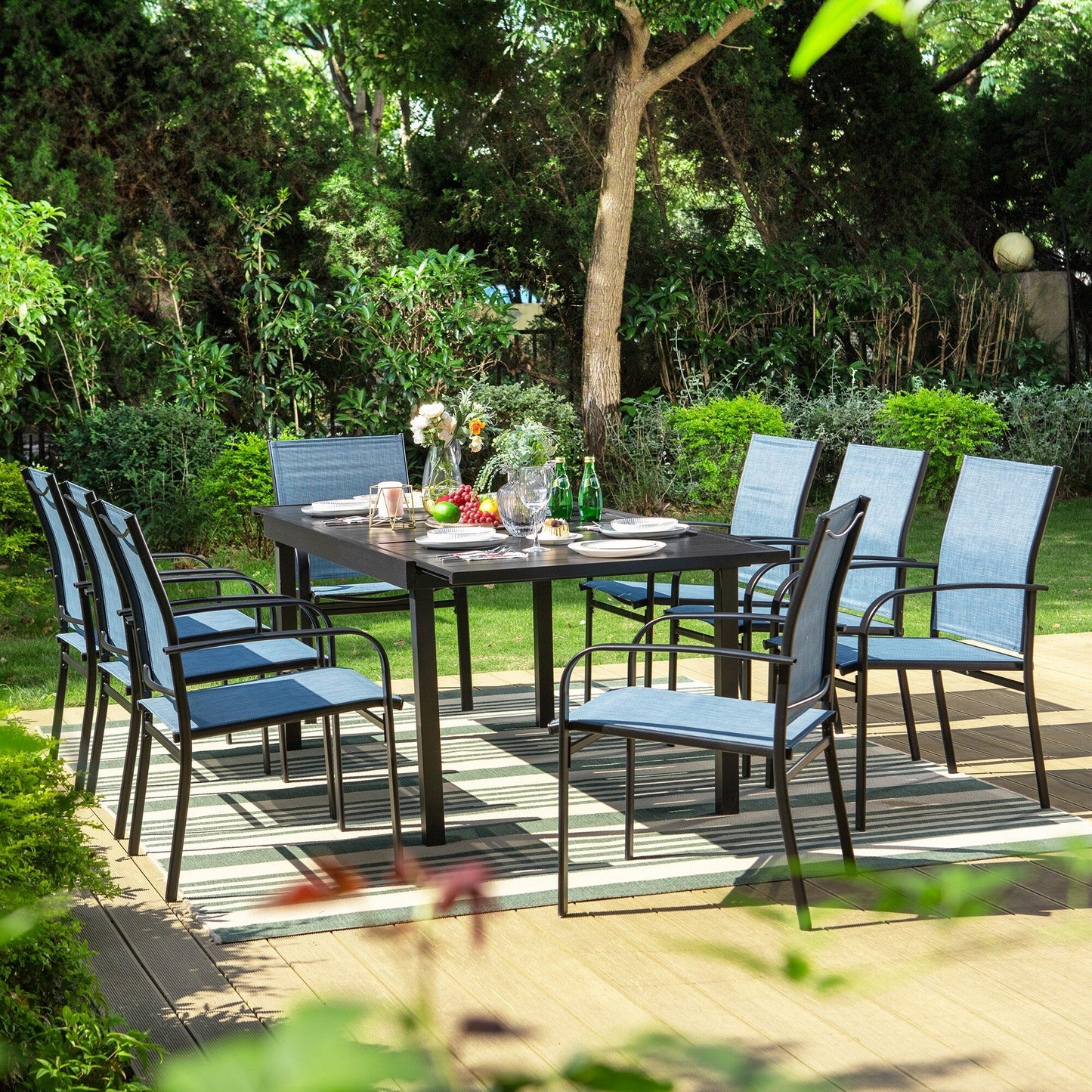 MAISON ARTS Set da pranzo per patio da 7/9 pezzi con tavolo rettangolare in metallo estensibile e 6/8 sedie da pranzo in textilene