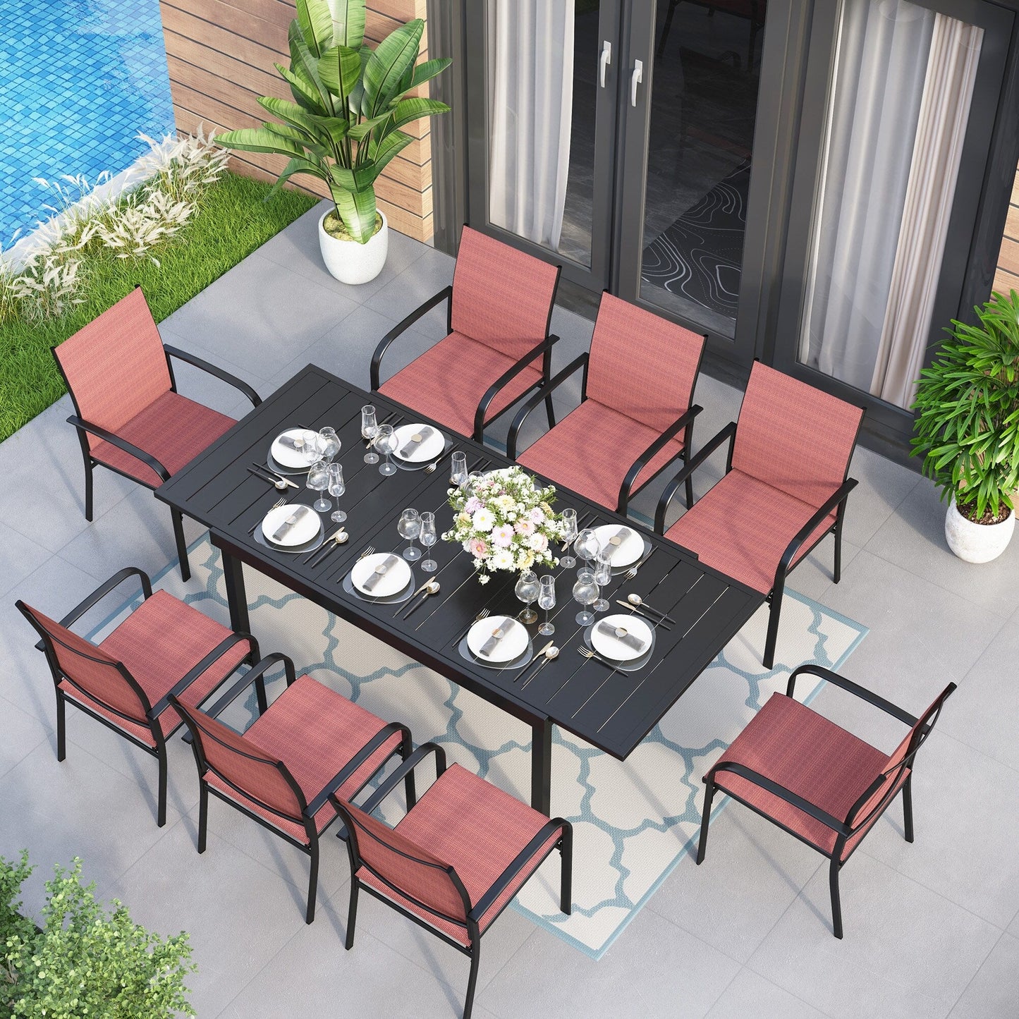 MAISON ARTS Set da pranzo per patio da 7/9 pezzi con tavolo rettangolare in metallo estensibile e 6/8 sedie da pranzo in textilene