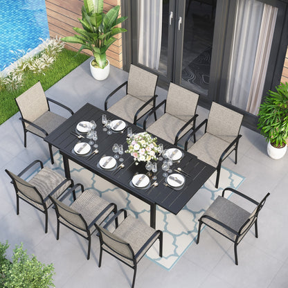 MAISON ARTS Set da pranzo per patio da 7/9 pezzi con tavolo rettangolare in metallo estensibile e 6/8 sedie da pranzo in textilene