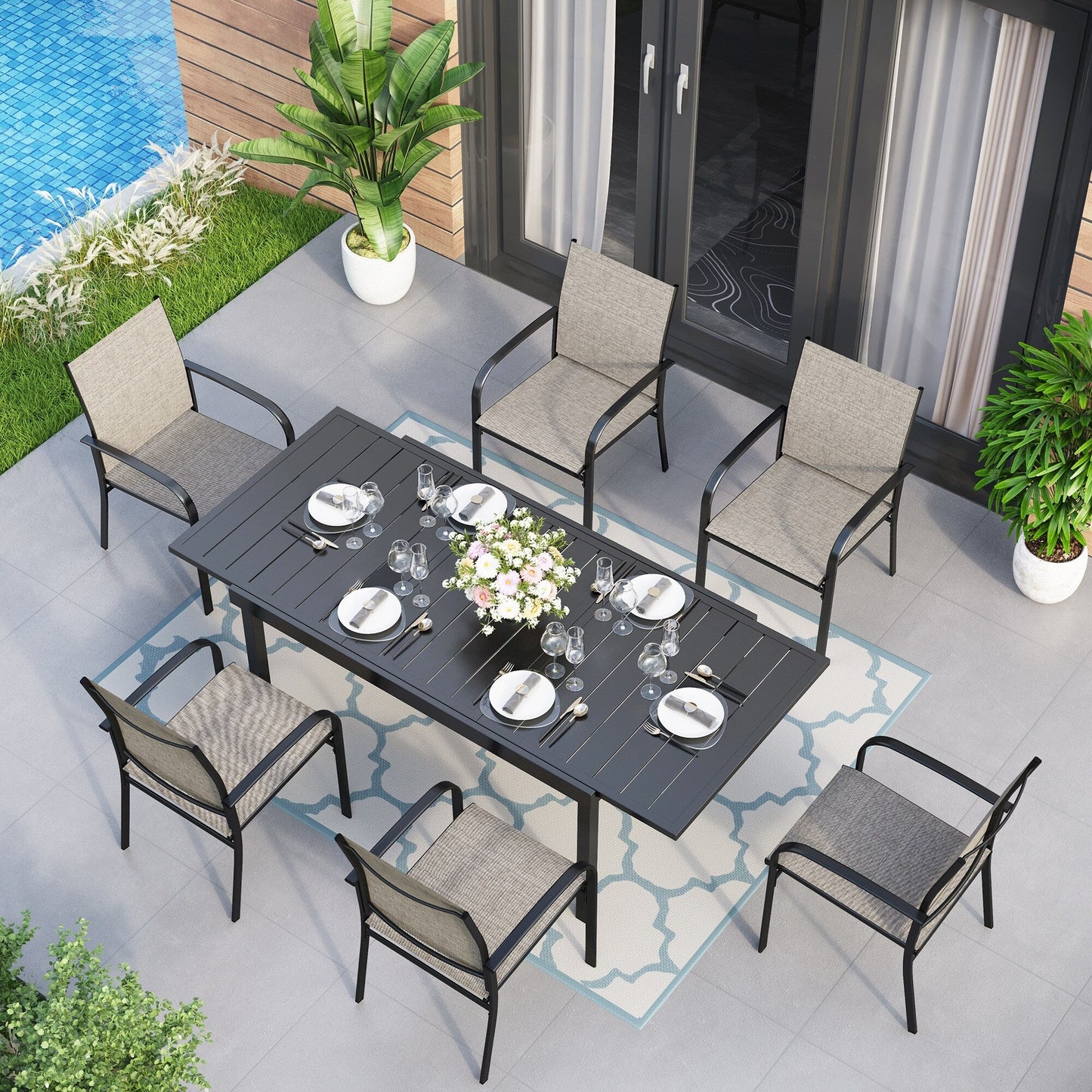 MAISON ARTS Set da pranzo per patio da 7/9 pezzi con tavolo rettangolare in metallo estensibile e 6/8 sedie da pranzo in textilene