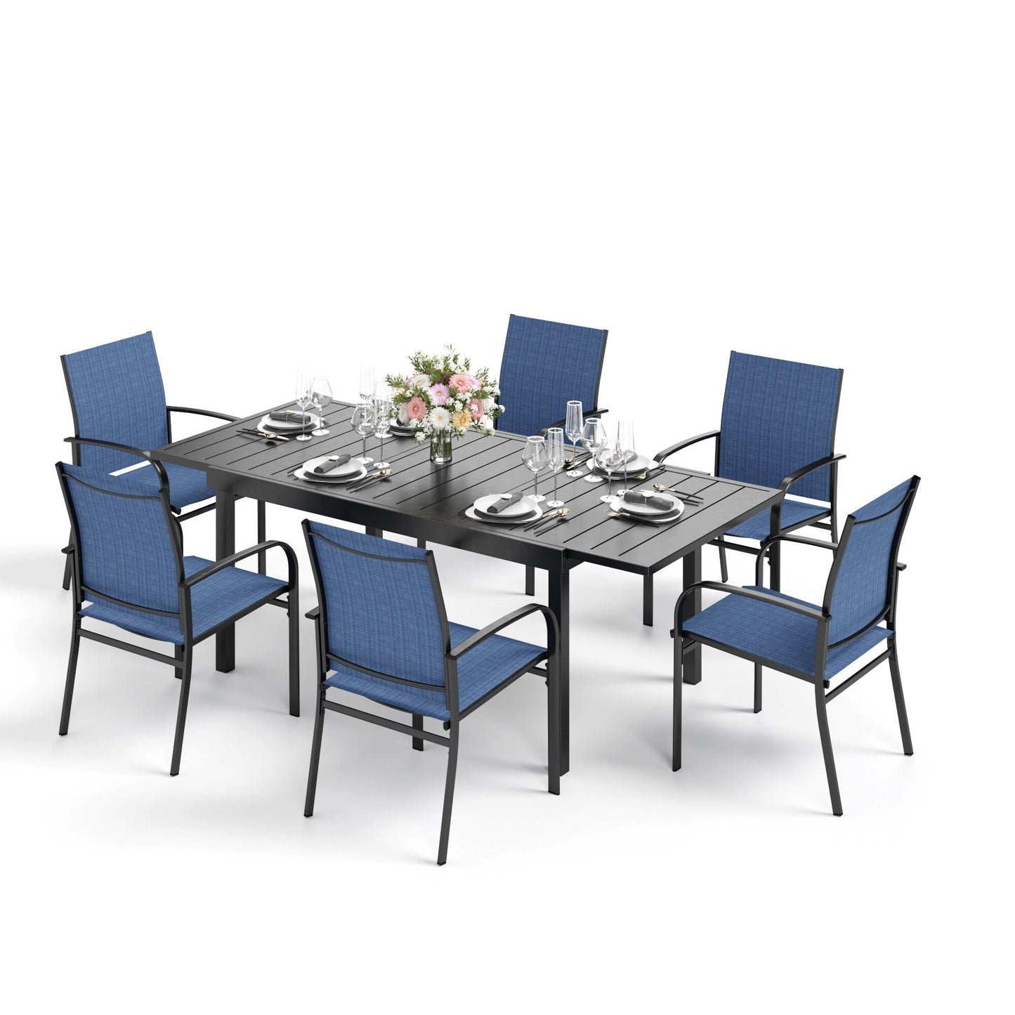 MAISON ARTS Set da pranzo per patio da 7/9 pezzi con tavolo rettangolare in metallo estensibile e 6/8 sedie da pranzo in textilene