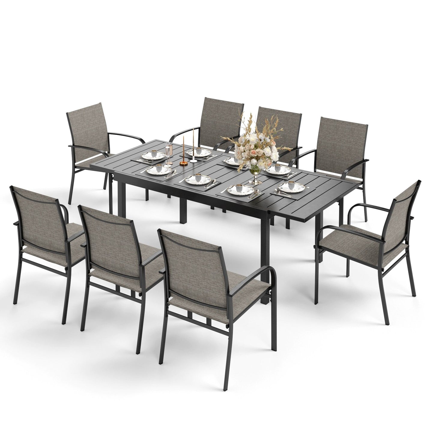 MAISON ARTS Set da pranzo per patio da 7/9 pezzi con tavolo rettangolare in metallo estensibile e 6/8 sedie da pranzo in textilene