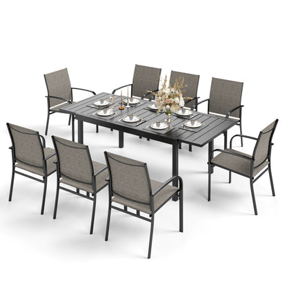 MAISON ARTS Set da pranzo per patio da 7/9 pezzi con tavolo rettangolare in metallo estensibile e 6/8 sedie da pranzo in textilene