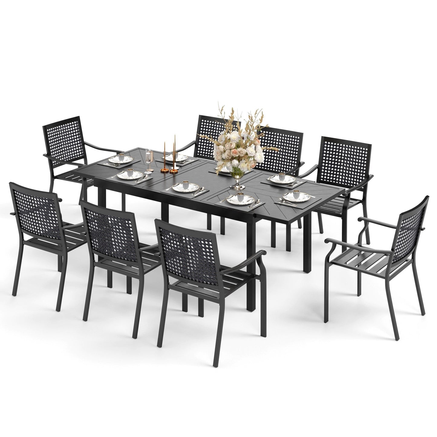 MAISON ARTS Set da pranzo da giardino con rivestimento E-coating da 9 pezzi, composto da 8 sedie impilabili e 1 tavolo estensibile in metallo