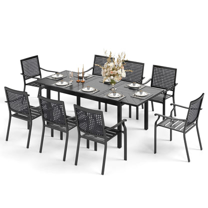 MAISON ARTS Set da pranzo da giardino con rivestimento E-coating da 9 pezzi, composto da 8 sedie impilabili e 1 tavolo estensibile in metallo