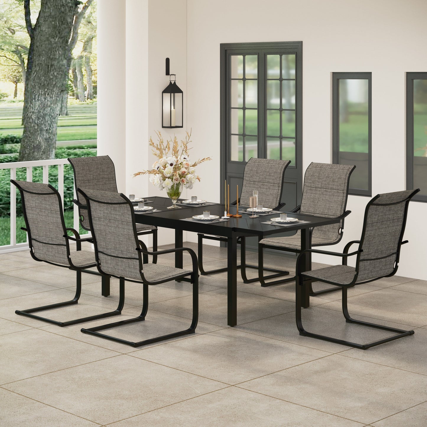 Set da pranzo per patio da 7/9 pezzi, tavolo da pranzo rettangolare espandibile per esterni con sedie a dondolo C Spring