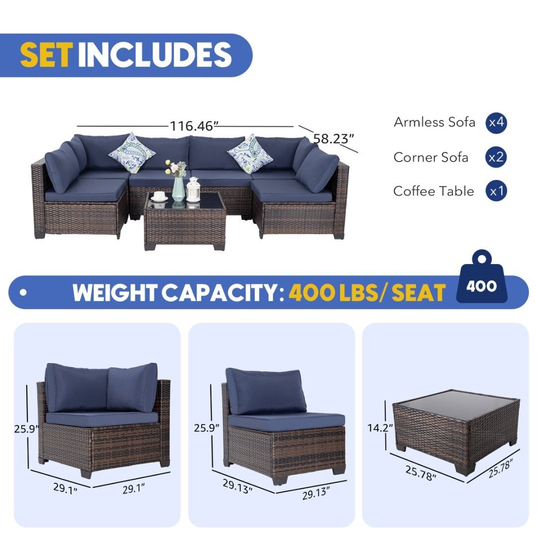 Set da conversazione in vimini da 7 pezzi con tavolino da caffè e cuscini