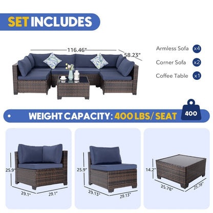 Set da conversazione in vimini da 7 pezzi con tavolino da caffè e cuscini