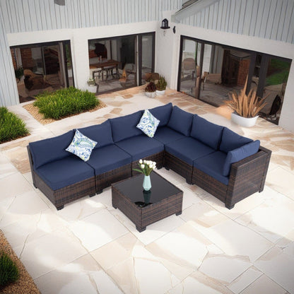 Set da conversazione in vimini da 7 pezzi con tavolino da caffè e cuscini