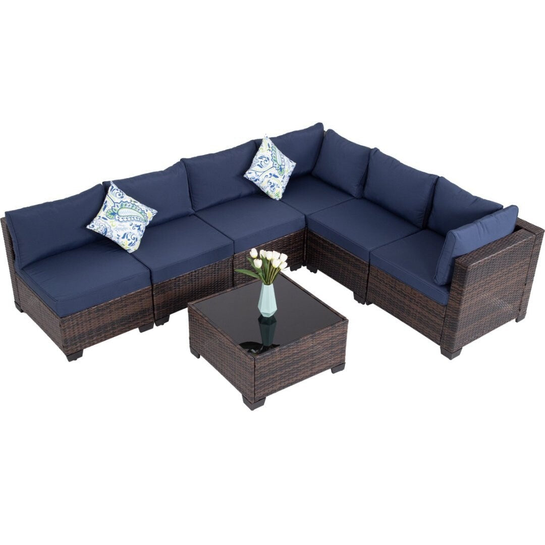 Set da conversazione in vimini da 7 pezzi con tavolino da caffè e cuscini