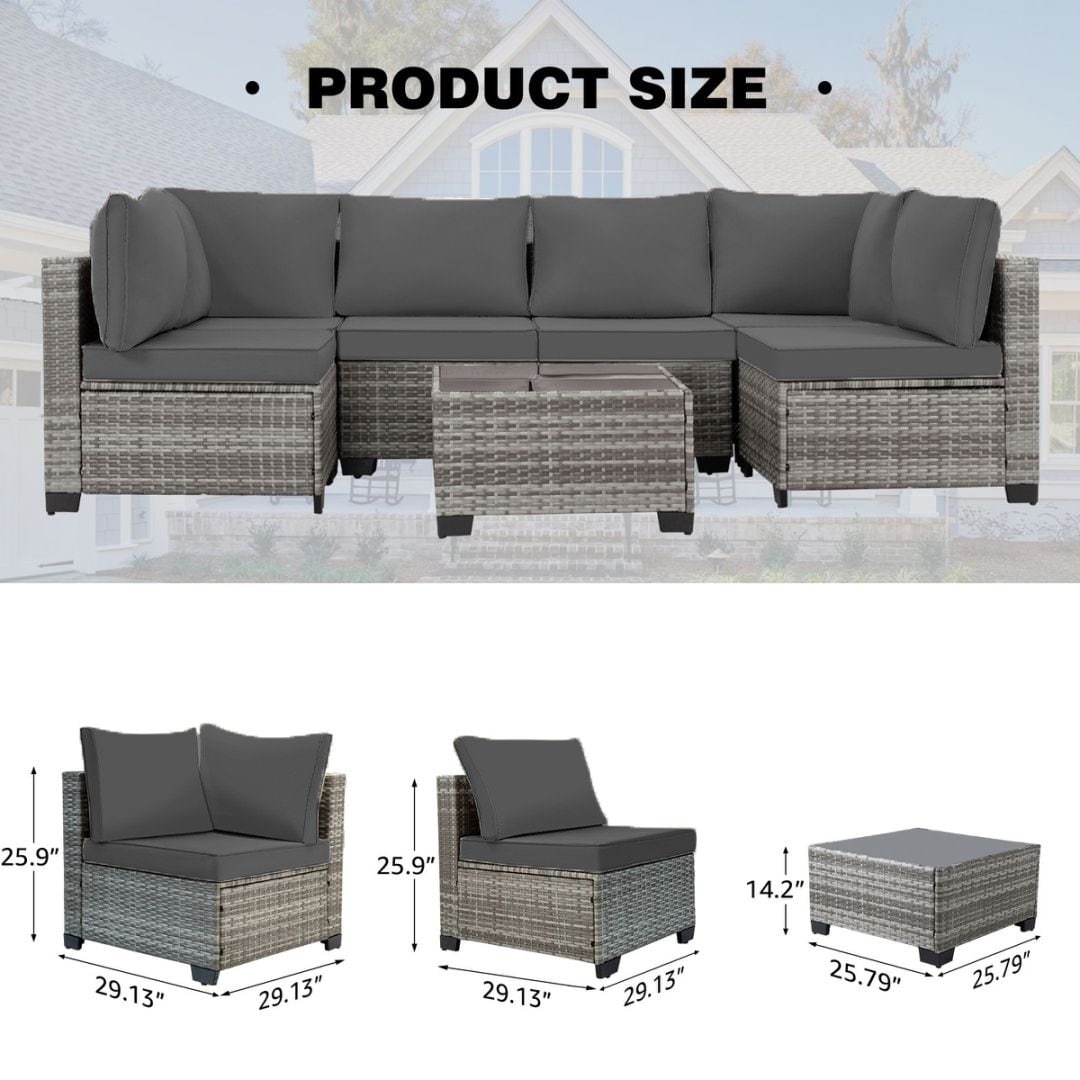 Set da conversazione in vimini da 7 pezzi con tavolino da caffè e cuscini