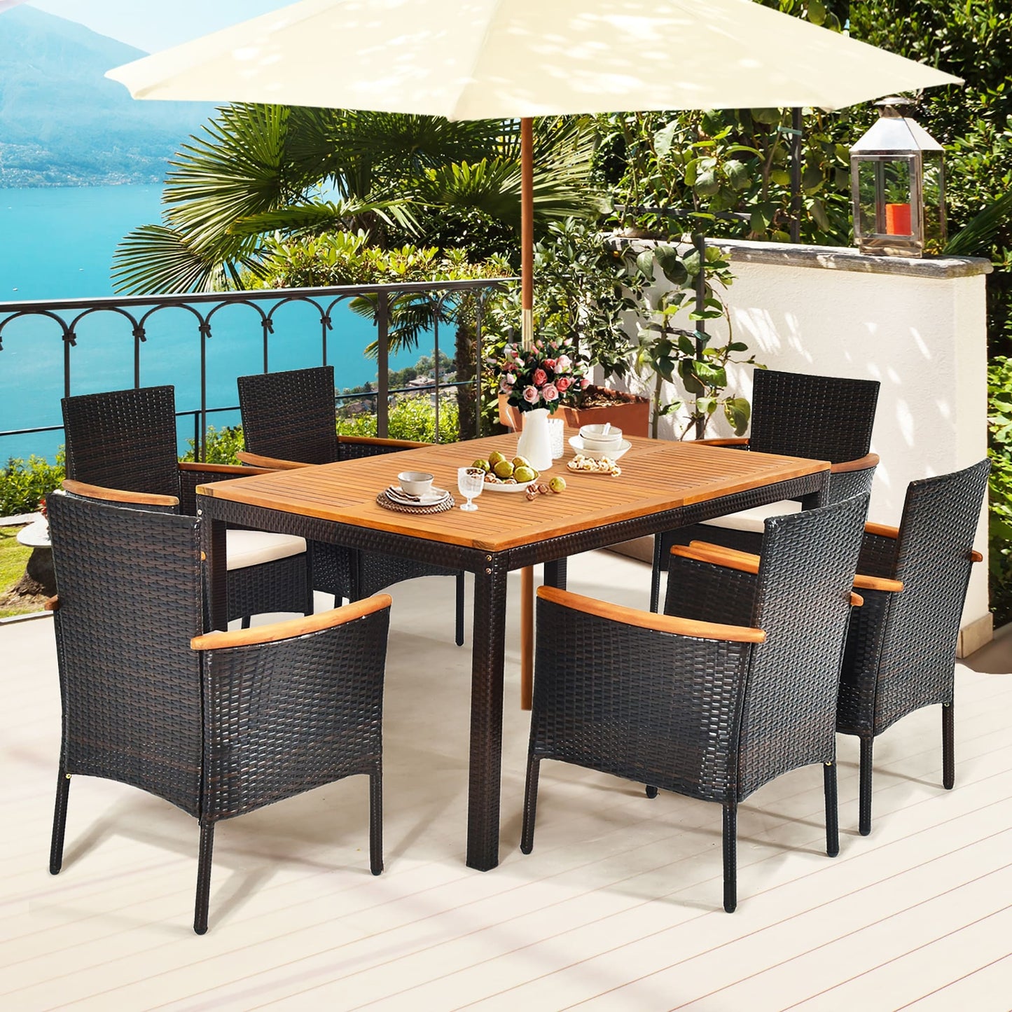 Set da pranzo per patio da 7 pezzi, set di mobili da esterno in rattan con foro per ombrellone