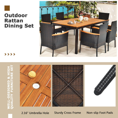 Set da pranzo per patio da 7 pezzi, set di mobili da esterno in rattan con foro per ombrellone