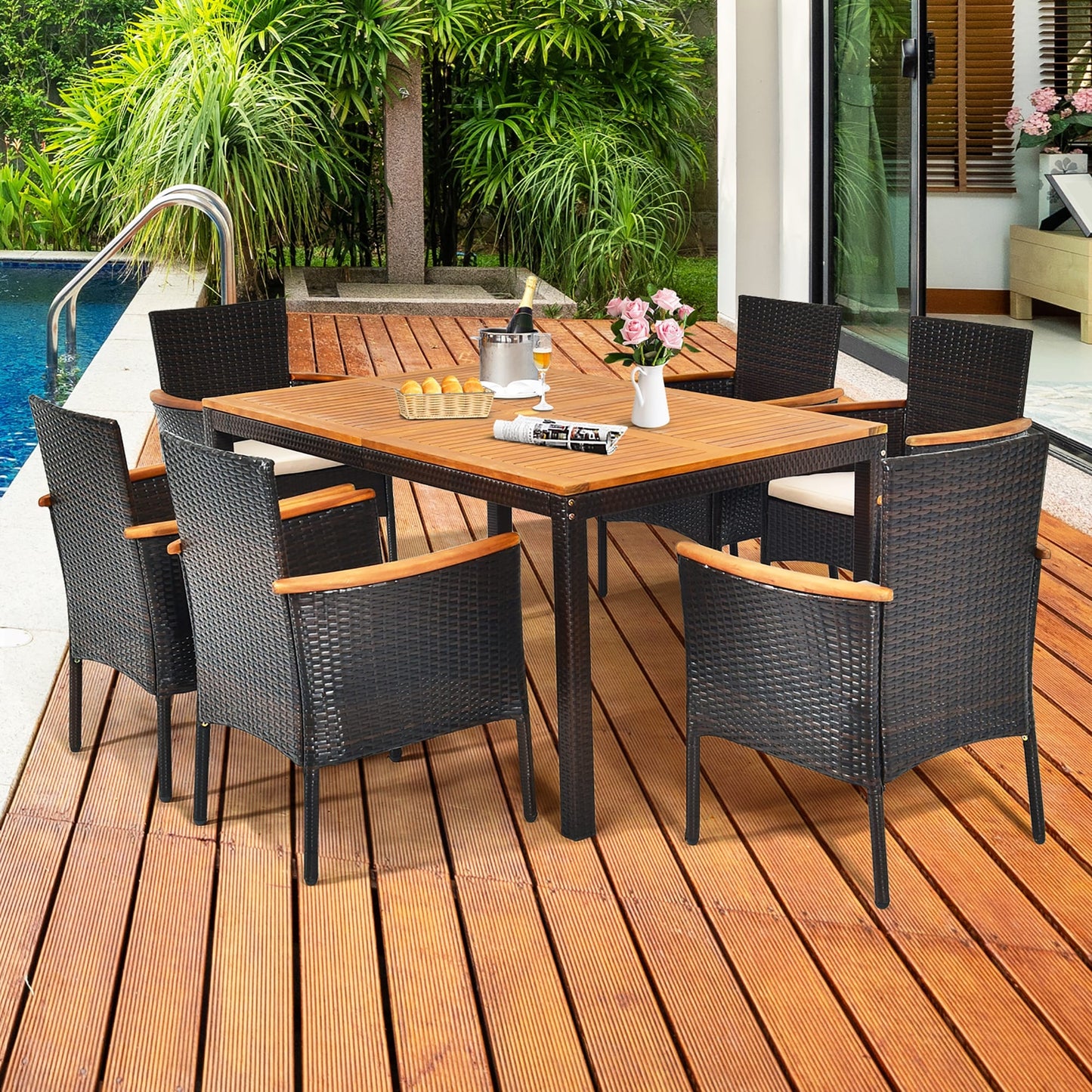 Set da pranzo per patio da 7 pezzi, set di mobili da esterno in rattan con foro per ombrellone