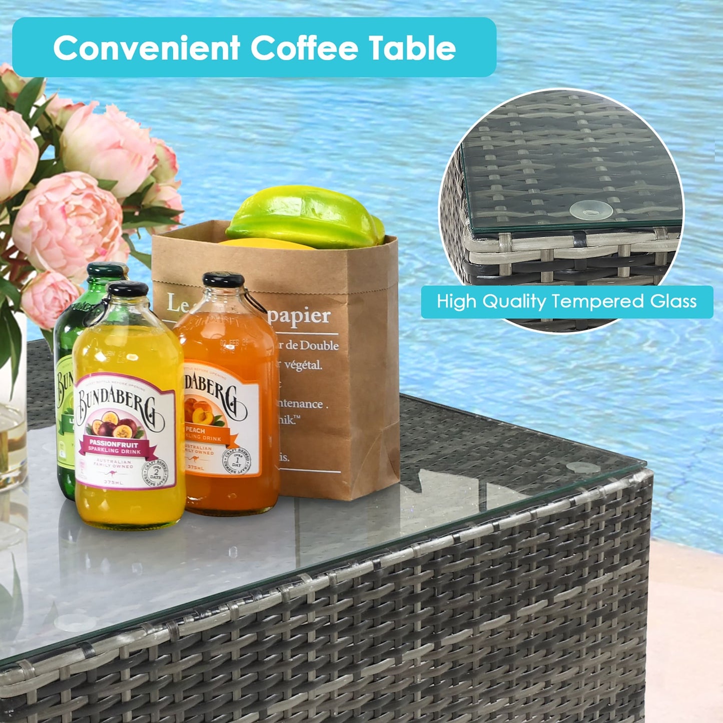 Set di mobili da giardino da 7 pezzi, divano componibile in rattan con tavolino da caffè