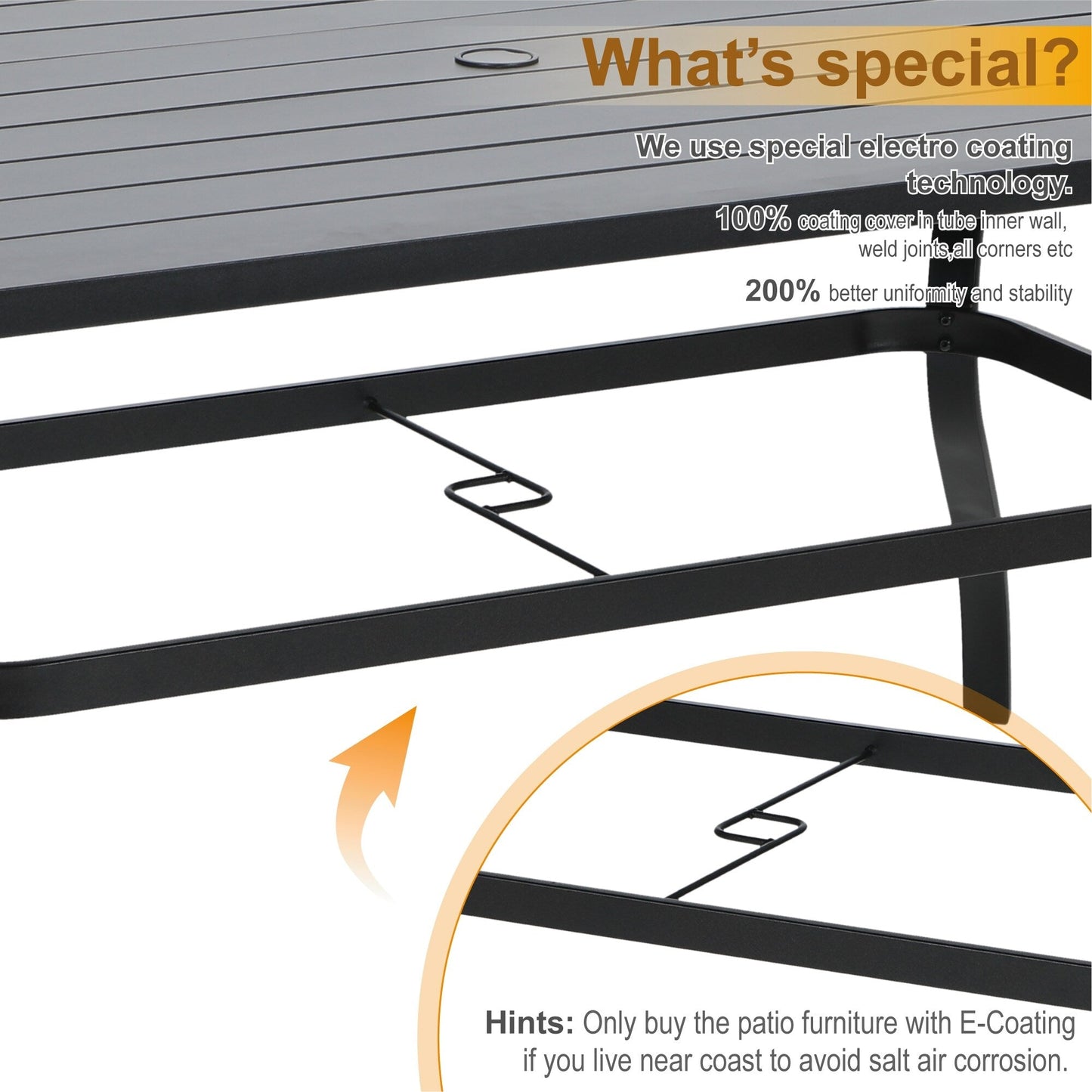 MAISON ARTS Set da pranzo per esterni da 7 pezzi, sedie da pranzo in acciaio con cuscino e tavolo con ombrellone per 6 persone