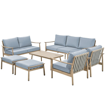 Set da conversazione in alluminio da 7 pezzi per patio, divano da esterno a 3 posti e divanetto con pouf e tavolino da caffè