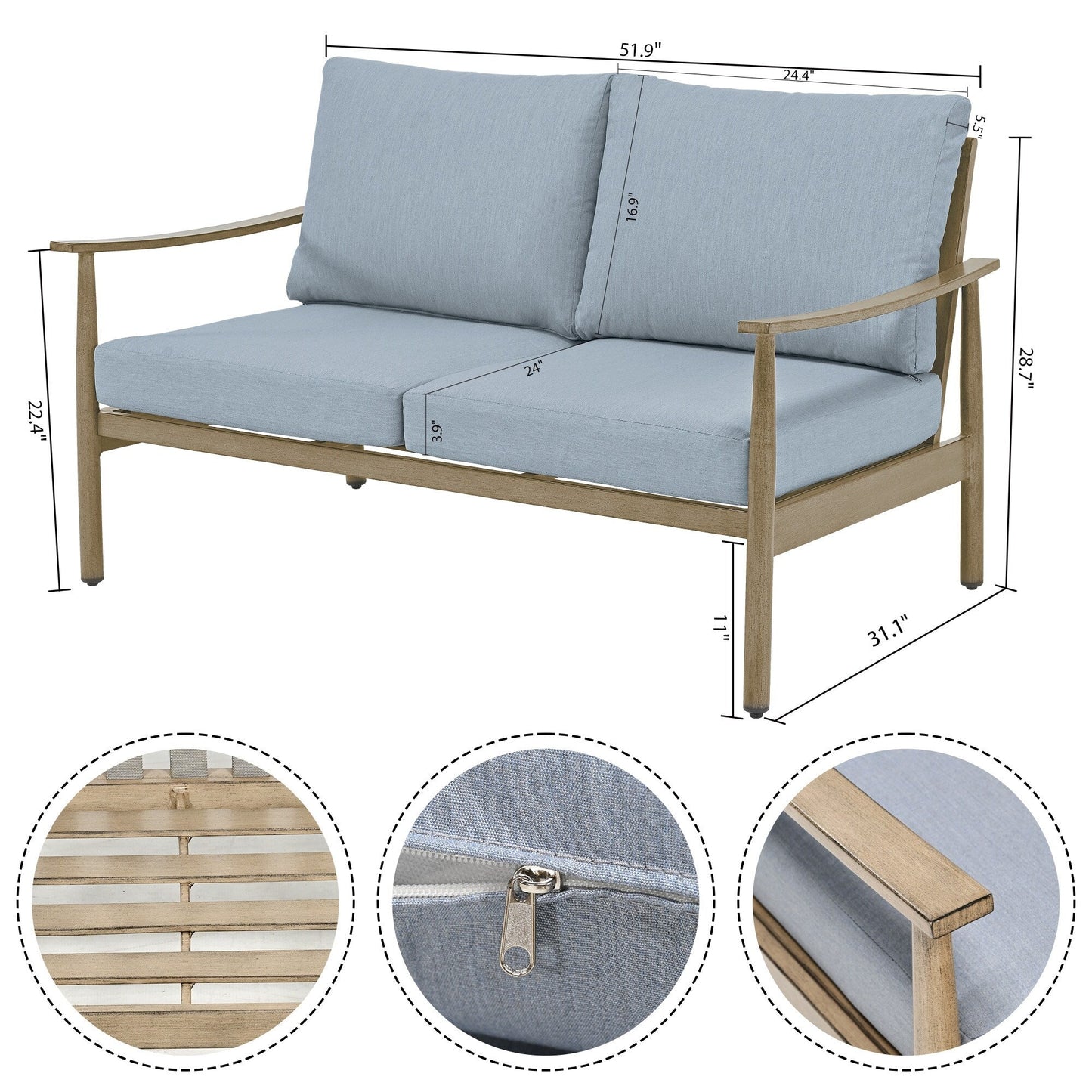 Set da conversazione in alluminio da 7 pezzi per patio, divano da esterno a 3 posti e divanetto con pouf e tavolino da caffè