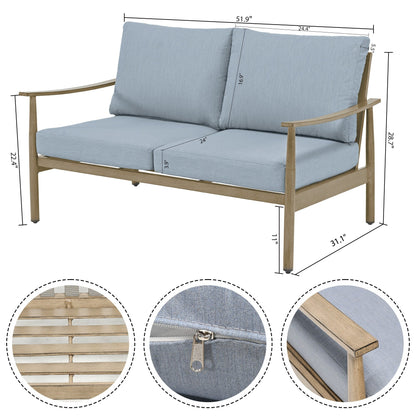 Set da conversazione in alluminio da 7 pezzi per patio, divano da esterno a 3 posti e divanetto con pouf e tavolino da caffè