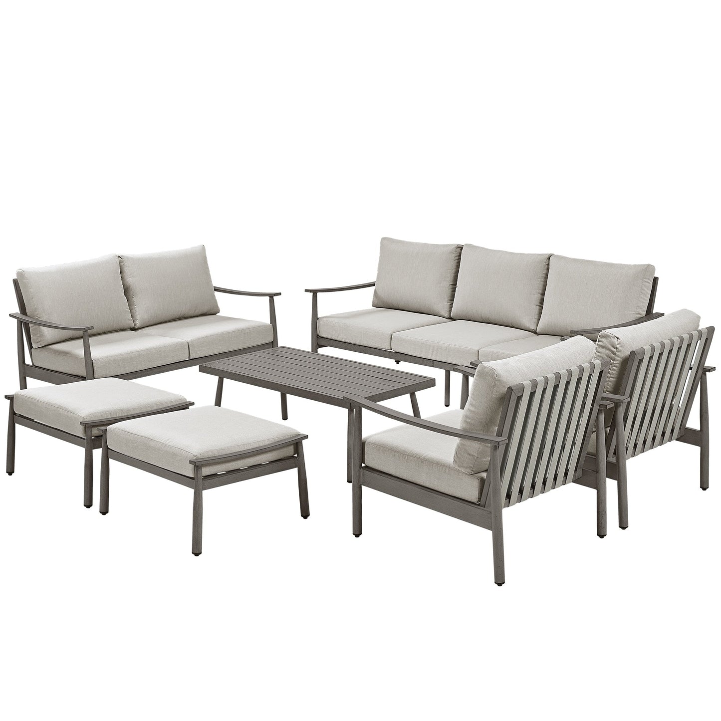 Set da conversazione in alluminio da 7 pezzi per patio, divano da esterno a 3 posti e divanetto con pouf e tavolino da caffè