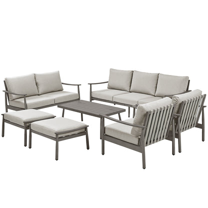 Set da conversazione in alluminio da 7 pezzi per patio, divano da esterno a 3 posti e divanetto con pouf e tavolino da caffè