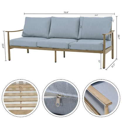 Set da conversazione in alluminio da 7 pezzi per patio, divano da esterno a 3 posti e divanetto con pouf e tavolino da caffè