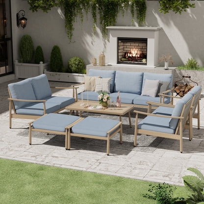 Set da conversazione in alluminio da 7 pezzi per patio, divano da esterno a 3 posti e divanetto con pouf e tavolino da caffè