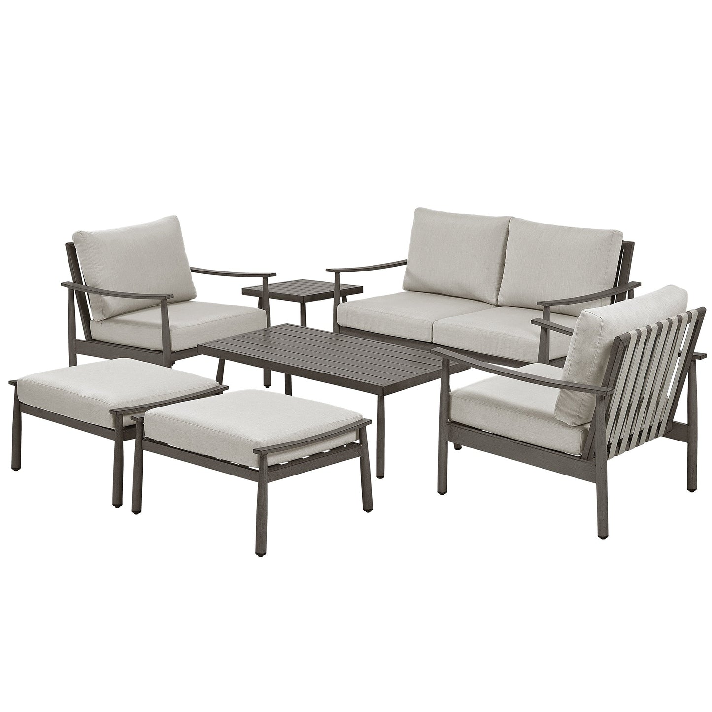 Set da conversazione in alluminio da 7 pezzi per patio, divano a due posti con pouf e tavolino da caffè