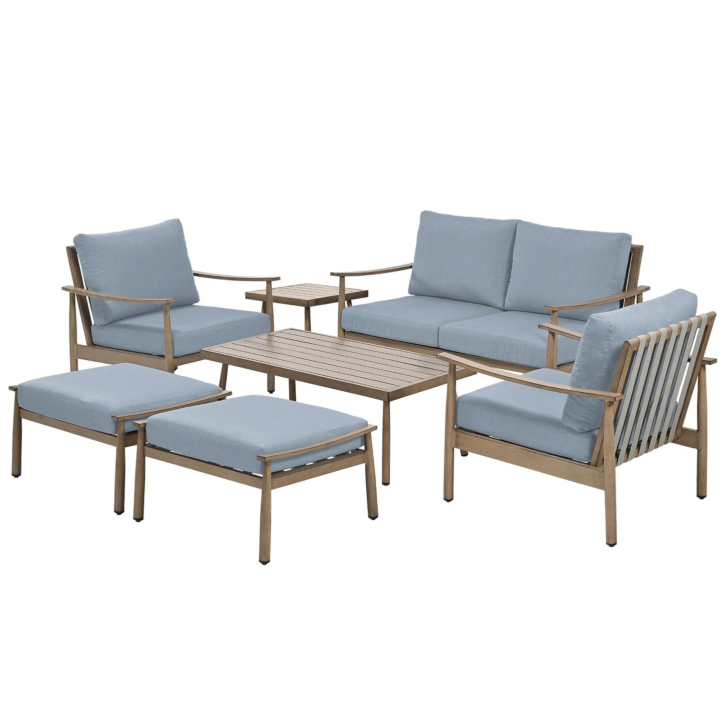 Set da conversazione in alluminio da 7 pezzi per patio, divano a due posti con pouf e tavolino da caffè