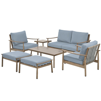 Set da conversazione in alluminio da 7 pezzi per patio, divano a due posti con pouf e tavolino da caffè