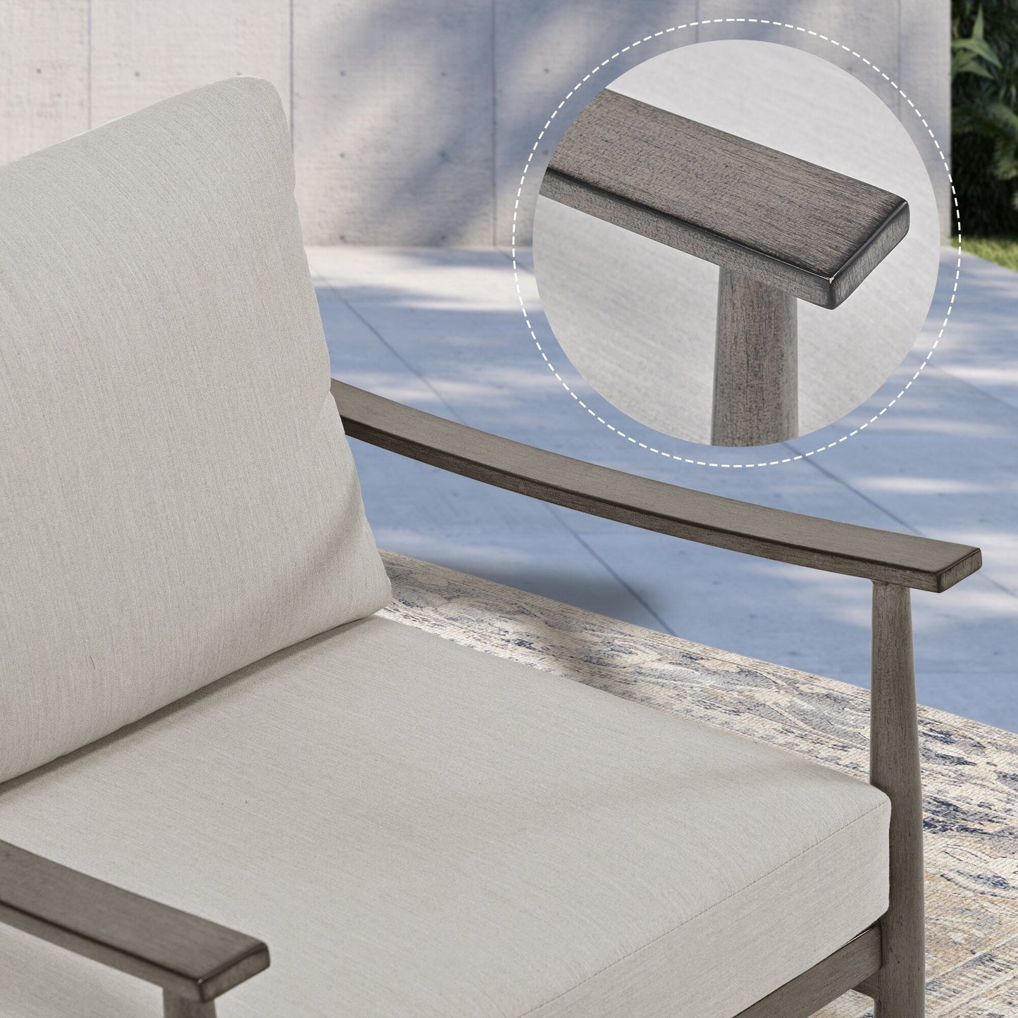 Set da conversazione in alluminio da 7 pezzi per patio, divano a due posti con pouf e tavolino da caffè